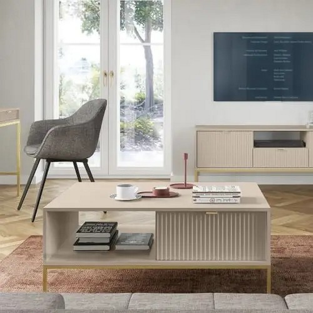 Стіл журнальний Perfect Home Нова / Nova з 2 шухлядами та золотими ніжками L104 Кашемір (PFH-091259)