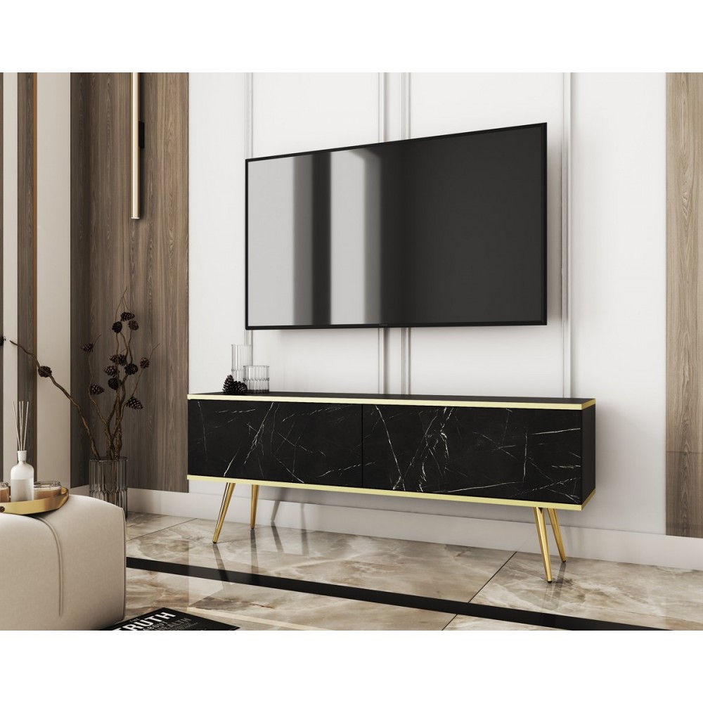 Тумба под телевизор Perfect Home Оро/Oro 2-дверная с золотыми ножками RTV135 Черный мрамор роял (PFH-091323)