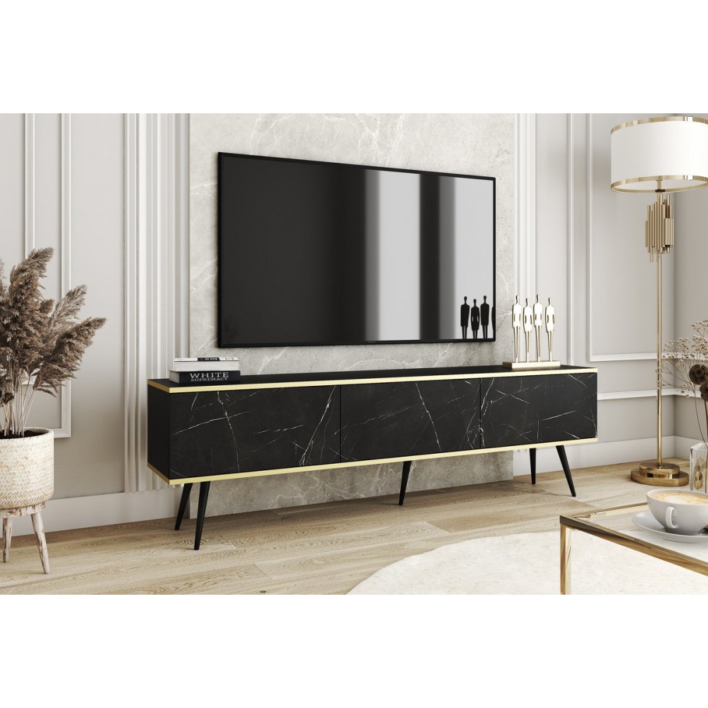 Тумба под телевизор Perfect Home Оро/Oro 3-дверная с черными ножками RTV175 Черный мрамор роял (PFH-091340)