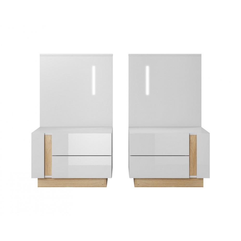 Тумбы прикроватные 2 шт. с подсветкой Perfect Home Арко / Arco с 4 ящиками 2S/60 Белый глянец/дуб грандсон (PFH-091049)