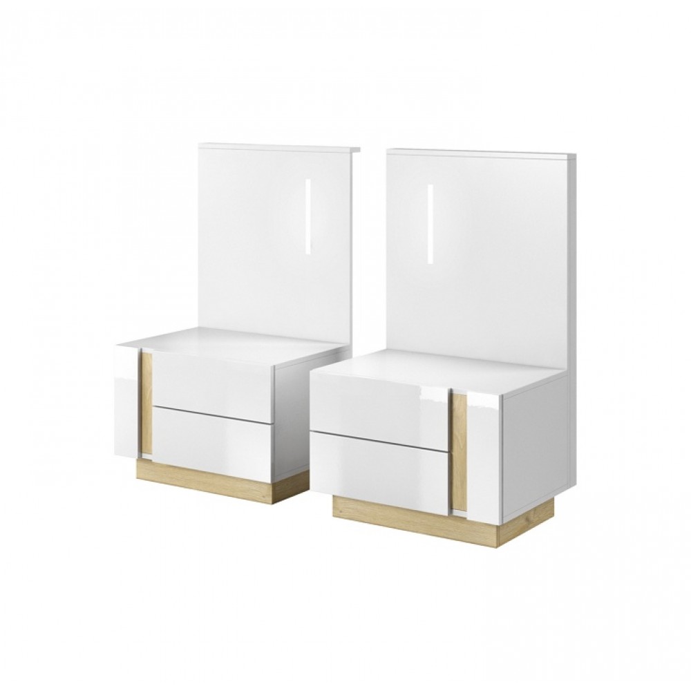 Тумбы прикроватные 2 шт. с подсветкой Perfect Home Арко / Arco с 4 ящиками 2S/60 Белый глянец/дуб грандсон (PFH-091049)