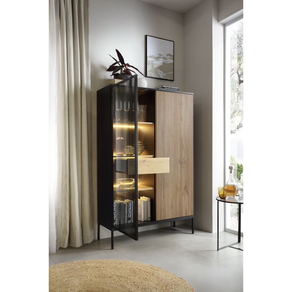 Витрина высокая с подсветкой Perfect Home Сенто / Sento WTSZ104 2-дверная Черный/дуб один (PFH-091491)