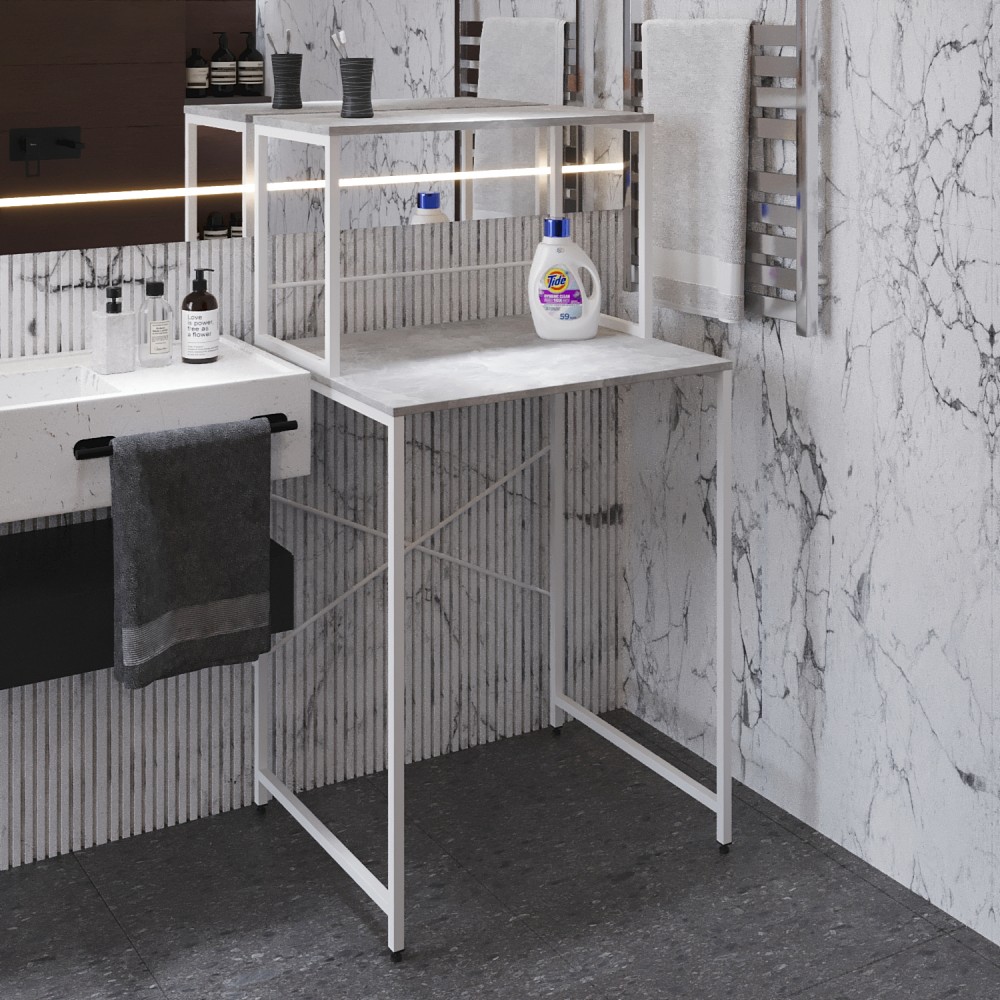 Стеллаж полка Бафрум 402 Ferrum-decor для стиральной машины 133,5x70,5x60,5 Белый металл ДСП Бетон 16 мм (FRD-107367)
