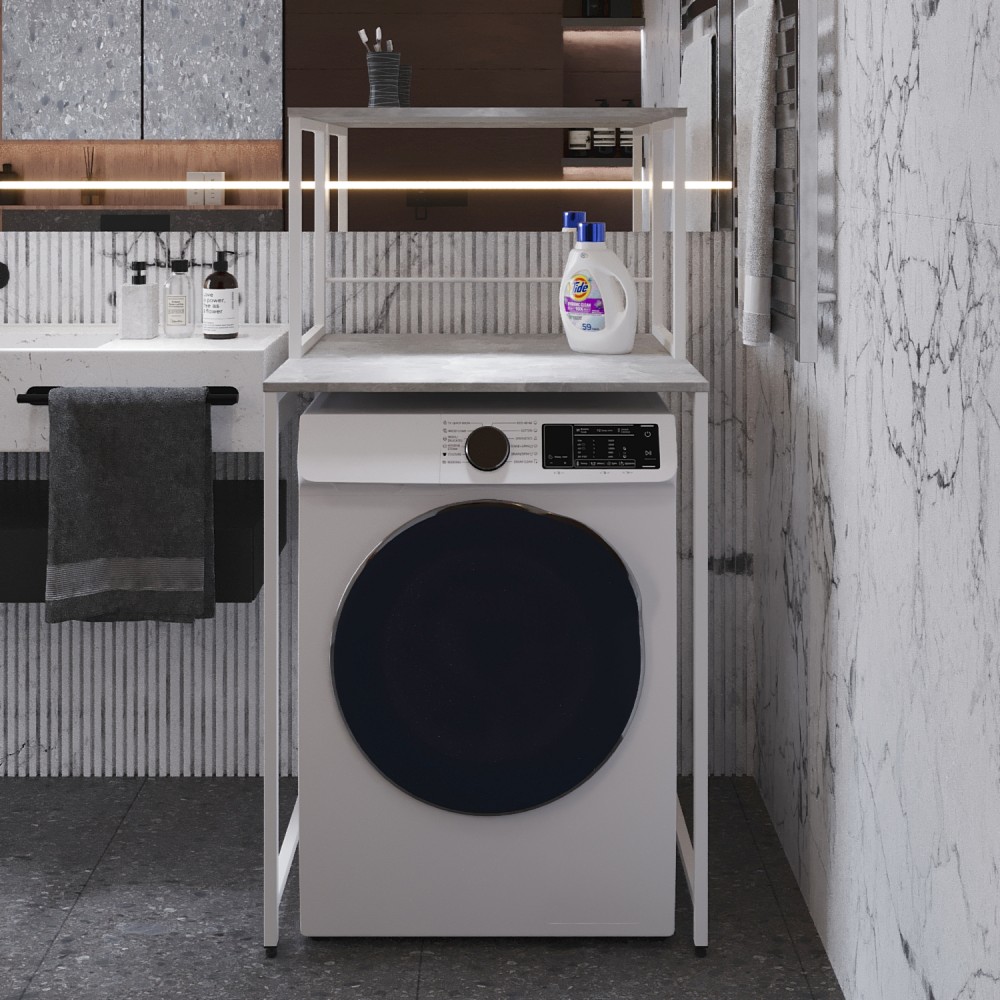 Стеллаж полка Бафрум 402 Ferrum-decor для стиральной машины 133,5x70,5x60,5 Белый металл ДСП Бетон 16 мм (FRD-107367)