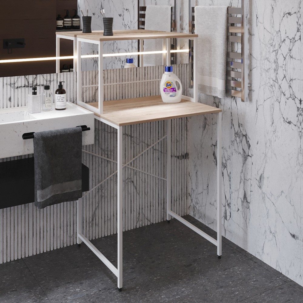 Стеллаж полка Бафрум 402 Ferrum-decor для стиральной машины 133,5x70,5x60,5 Белый металл ДСП Дуб Сонома 16 мм (FRD-107368)