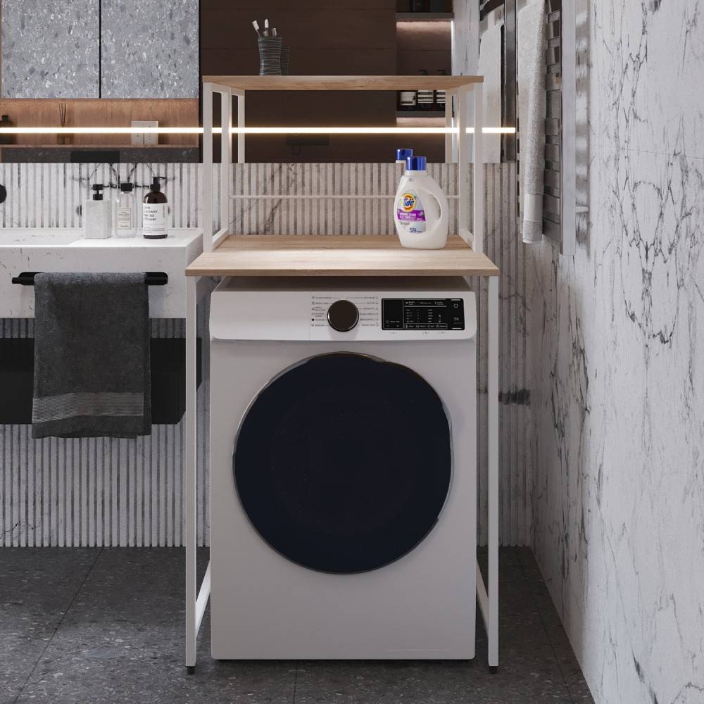 Стеллаж полка Бафрум 402 Ferrum-decor для стиральной машины 133,5x70,5x60,5 Белый металл ДСП Дуб Сонома 16 мм (FRD-107368)