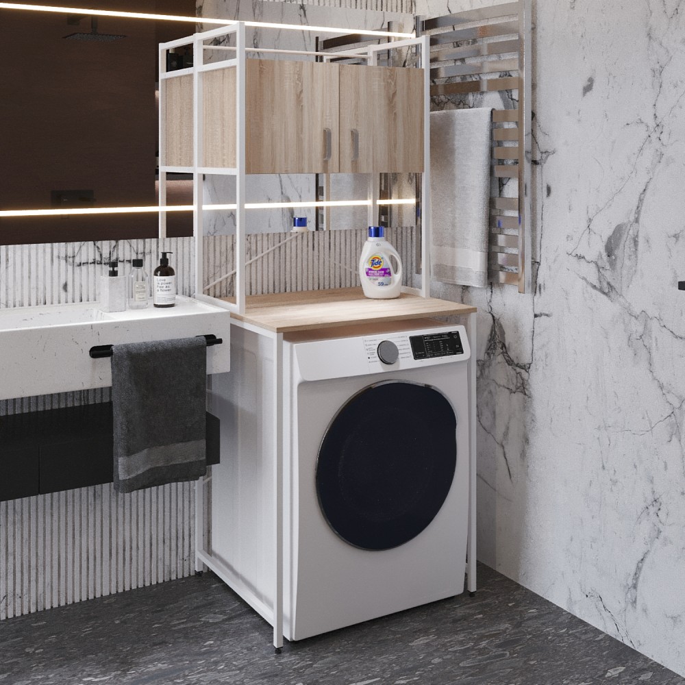 Стелаж-полиця Бафрум 404 Ferrum-decor для пральної машини 178x70,5x60,5 Білий метал ДСП Дуб Сонома 16 мм (FRD-107388)
