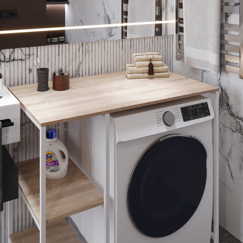 Стелаж-полиця Бафрум 405 Ferrum-decor для пральної машини 90x101x60,5 Білий метал ДСП Дуб Сонома 16 мм (FRD-107398)