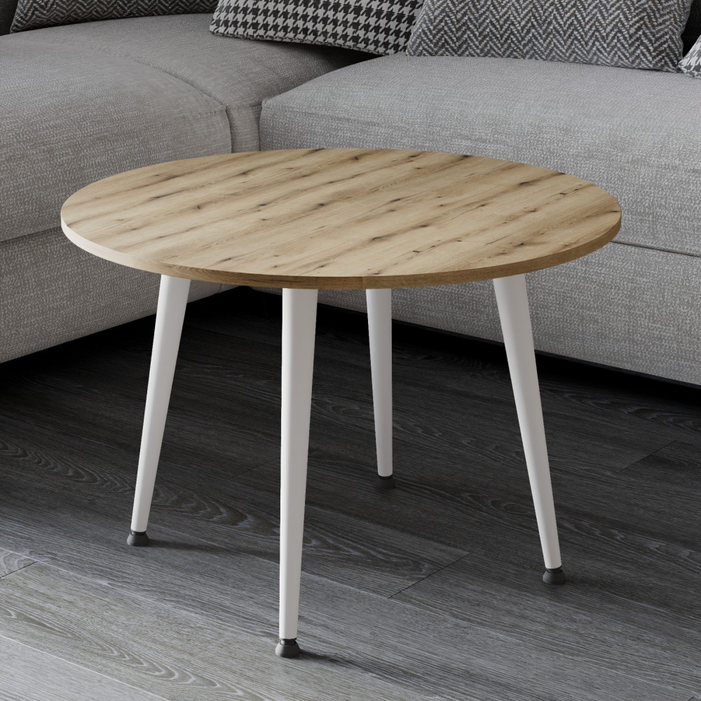 Стол журнальный круглый OPTIMA 2 ноги на конус Ferrum-decor 450x670x670 Белый металл ДСП Дуб Евок Прибрежный 16 мм (FRD-107548)