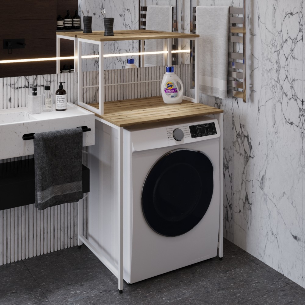 Стелаж-полиця Бафрум 402 Ferrum-decor для пральної машини 133,5x70,5x60,5 Білий метал ДСП Дуб Евок Прибережний 16 мм (FRD-107589)