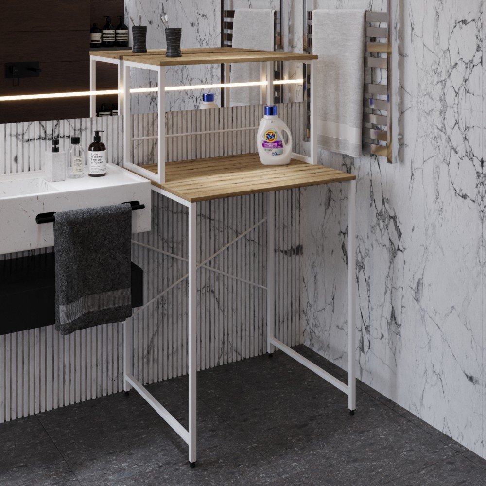 Стелаж-полиця Бафрум 402 Ferrum-decor для пральної машини 133,5x70,5x60,5 Білий метал ДСП Дуб Евок Прибережний 16 мм (FRD-107589)