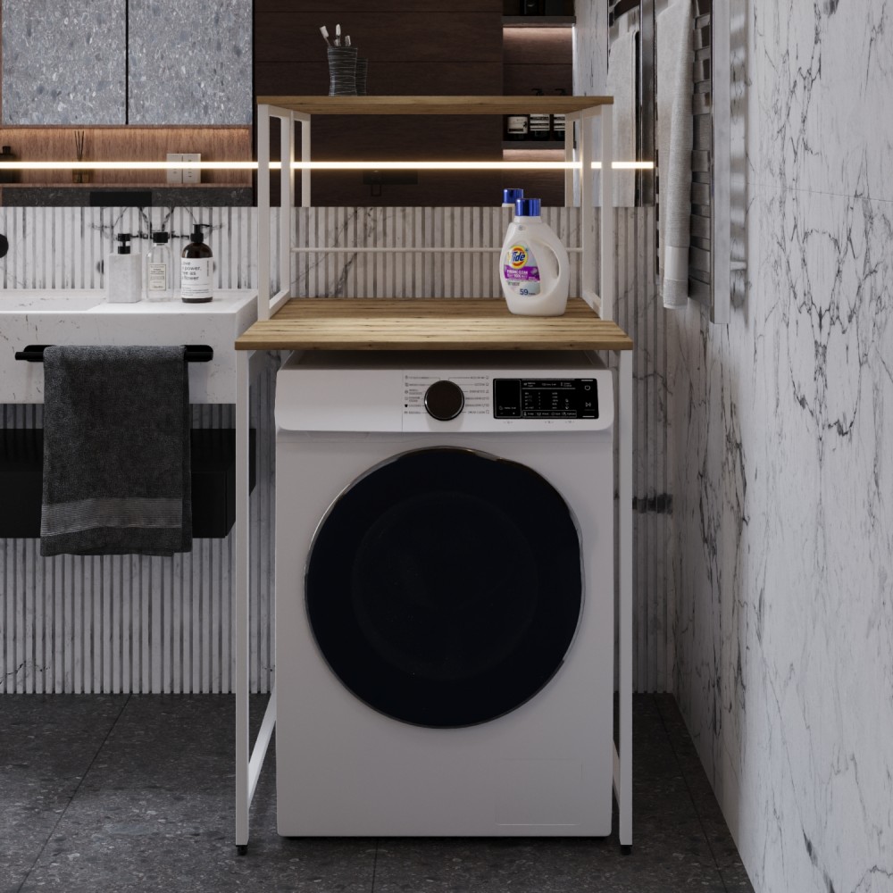 Стелаж-полиця Бафрум 402 Ferrum-decor для пральної машини 133,5x70,5x60,5 Білий метал ДСП Дуб Евок Прибережний 16 мм (FRD-107589)