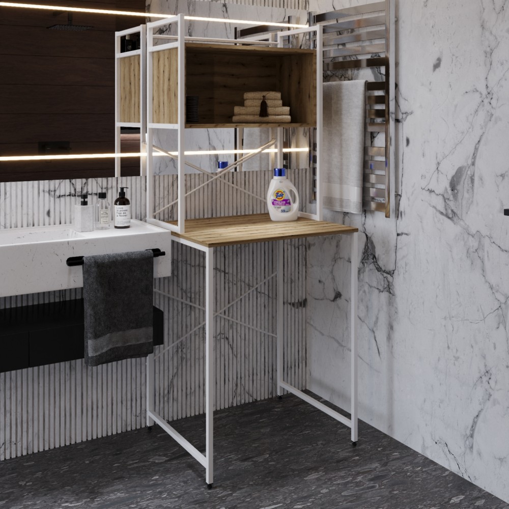 Стелаж-полиця Бафрум 403 Ferrum-decor для пральної машини 178x70,5x60,5 Білий метал ДСП Дуб Евок Прибережний 16 мм (FRD-107599)
