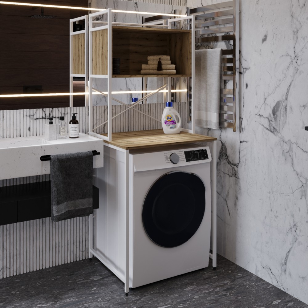 Стелаж-полиця Бафрум 403 Ferrum-decor для пральної машини 178x70,5x60,5 Білий метал ДСП Дуб Евок Прибережний 16 мм (FRD-107599)