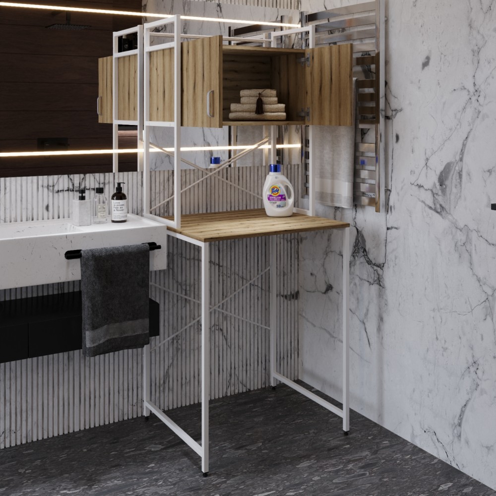 Стеллаж полка Бафрум 404 Ferrum-decor для стиральной машины 178x70,5x60,5 Белый металл ДСП Дуб Евок Прибрежный 16 мм (FRD-107609)