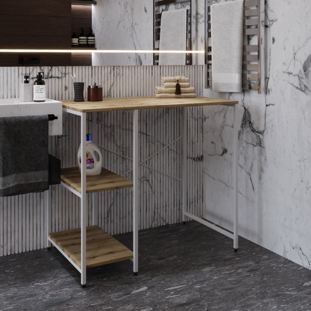 Стеллаж полка Бафрум 405 Ferrum-decor для стиральной машины 90x101x60,5 Белый металл ДСП Дуб Евок Прибрежный 16 мм (FRD-107619)