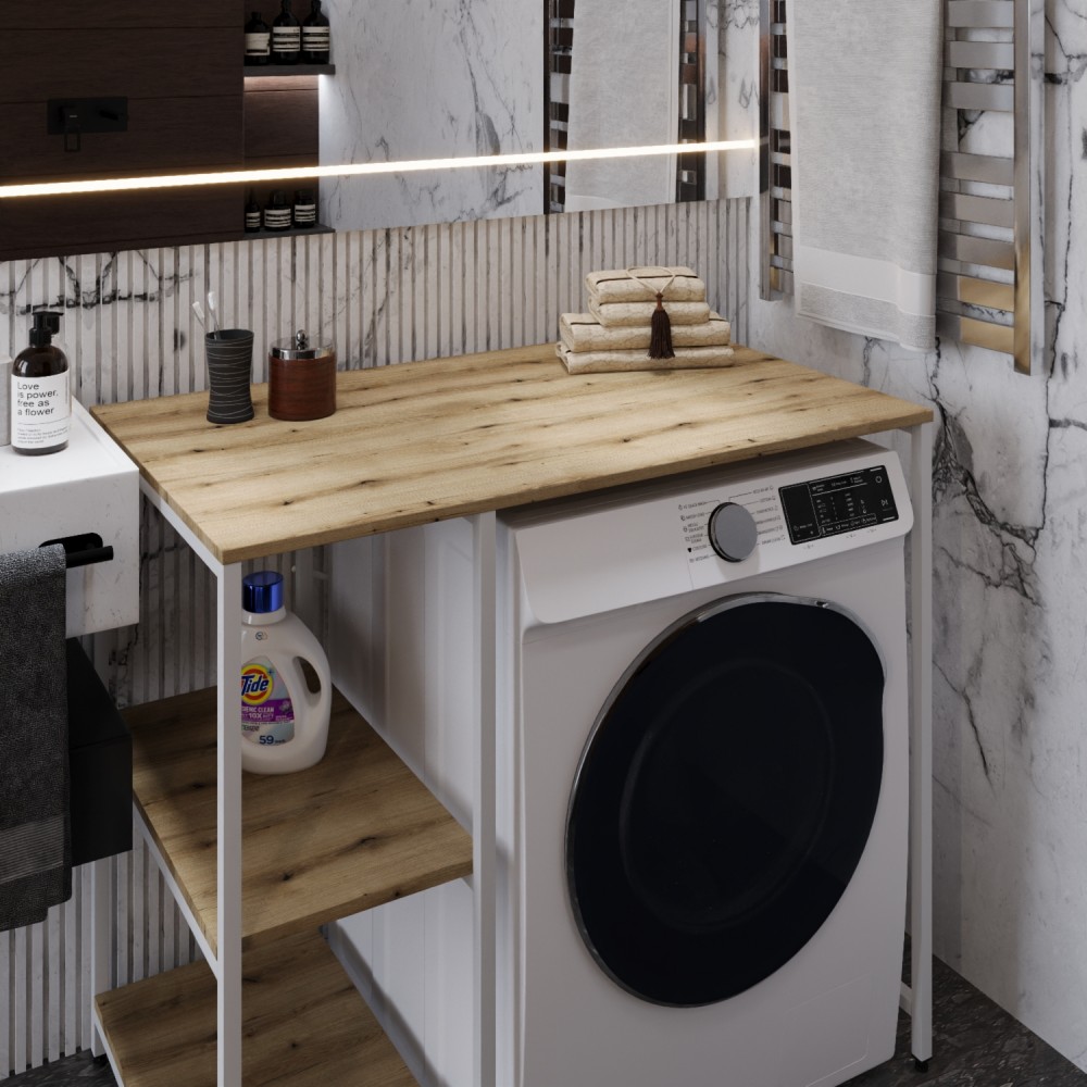 Стеллаж полка Бафрум 405 Ferrum-decor для стиральной машины 90x101x60,5 Белый металл ДСП Дуб Евок Прибрежный 16 мм (FRD-107619)