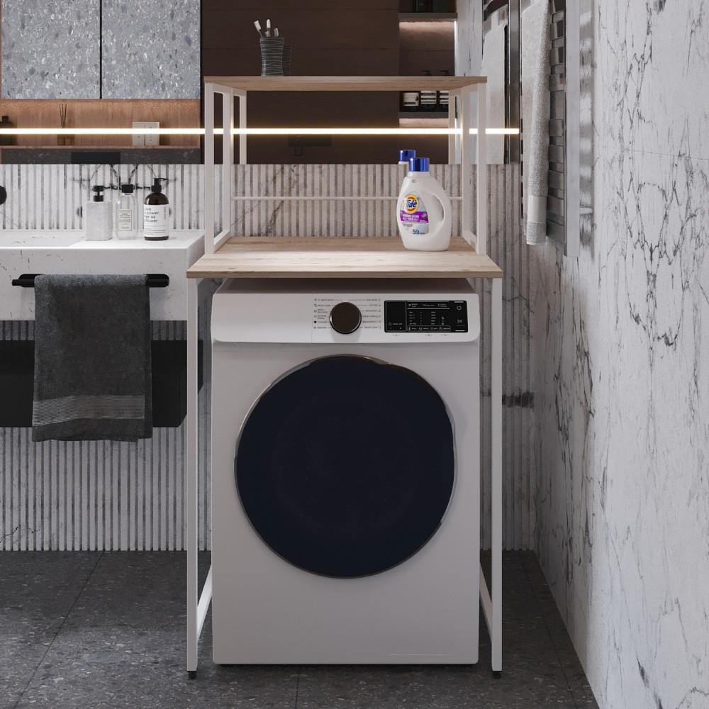Стеллаж полка Бафрум 402 Ferrum-decor для стиральной машины 133,5x70,5x60,5 Белый металл ДСП Дуб Сан-Марино 16 мм (FRD-107369)