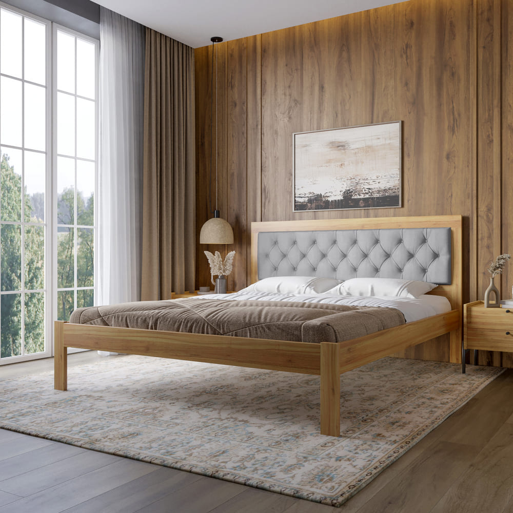 Двуспальная деревянная кровать Mebigrand Пекин П3 Орех светлый/Аляска 93 (Серый) 180х200 см (MBG-17115)