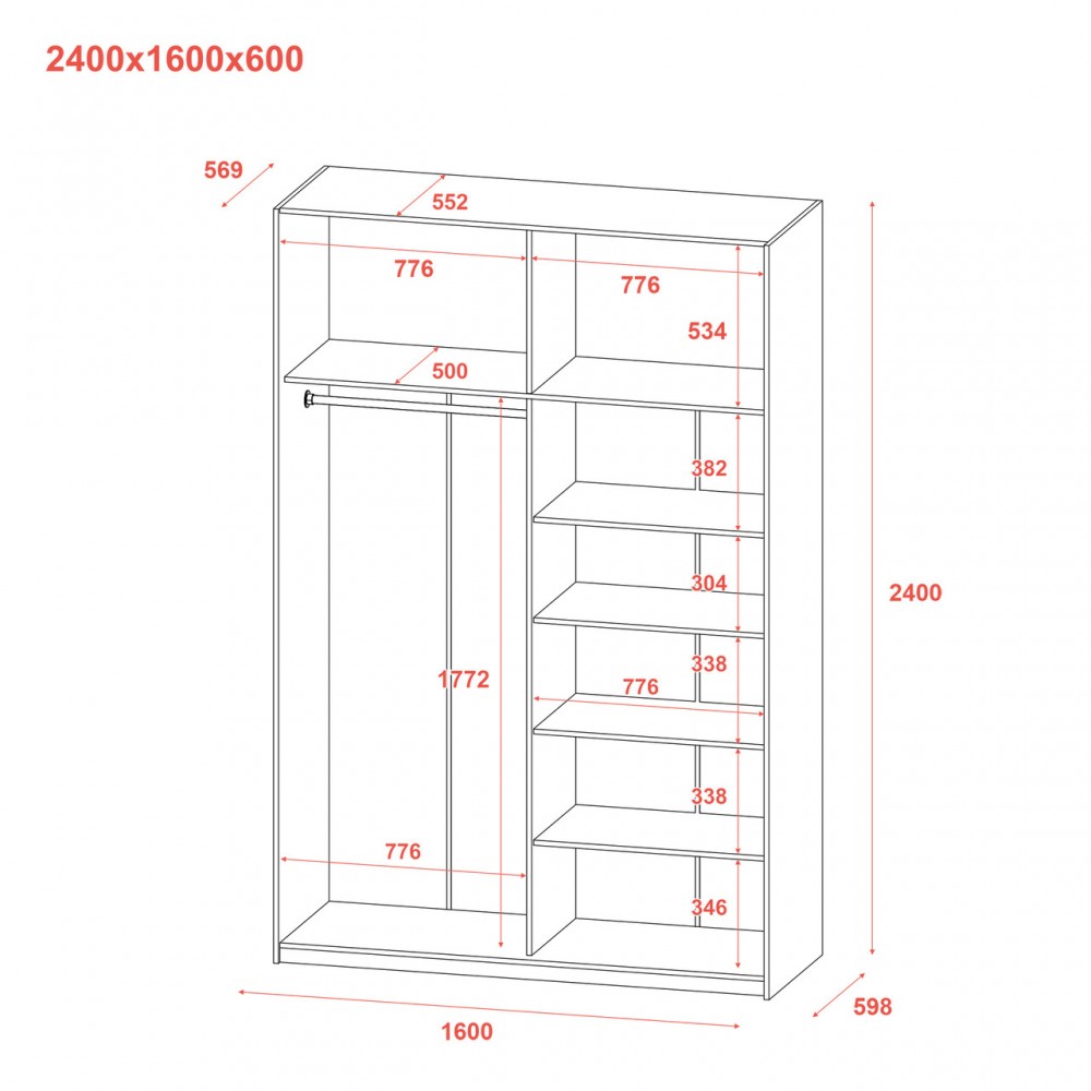 Шкаф купе Doros G-Caiser Антрацит/Антрацит 1 ДСП / 1 Зеркало / 3 части 160х60х240 (42005411) (DRS-012244)