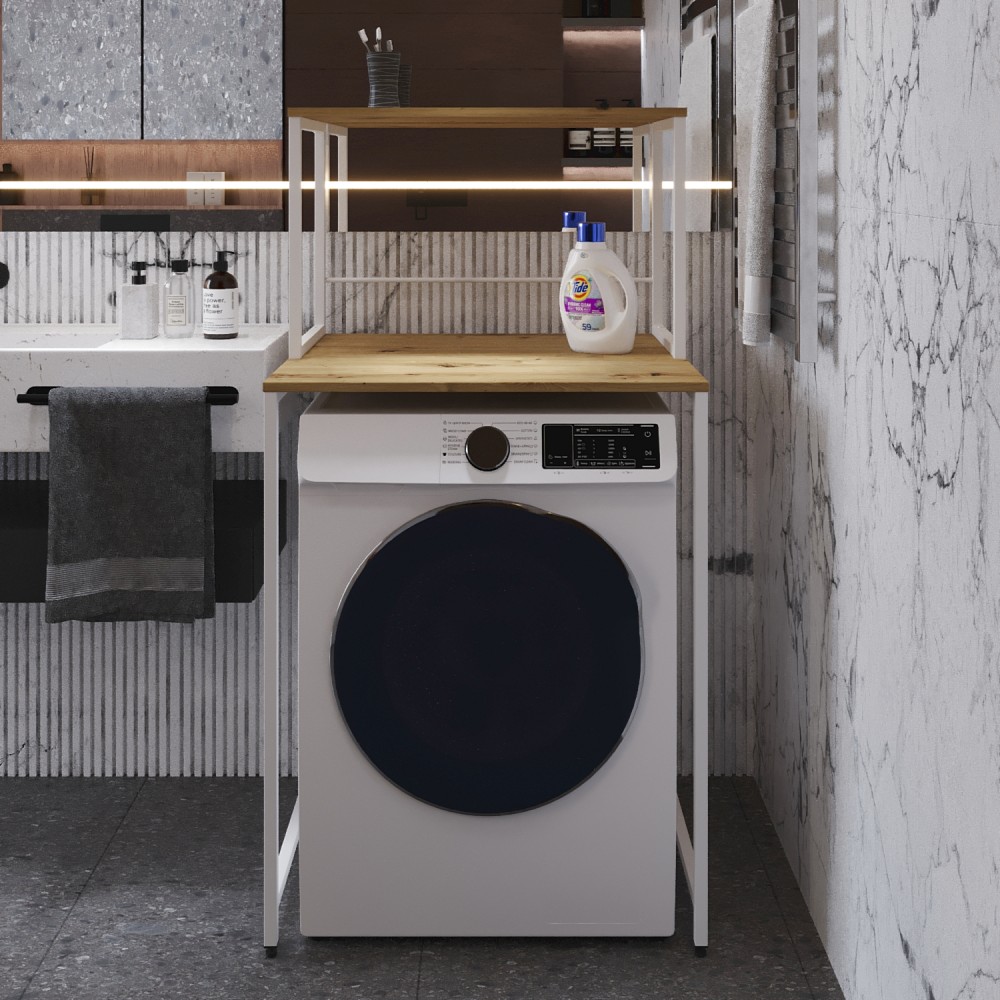 Стелаж-полиця Бафрум 402 Ferrum-decor для пральної машини 133,5x70,5x60,5 Білий метал ДСП Дуб Артизан 16 мм (FRD-107371)