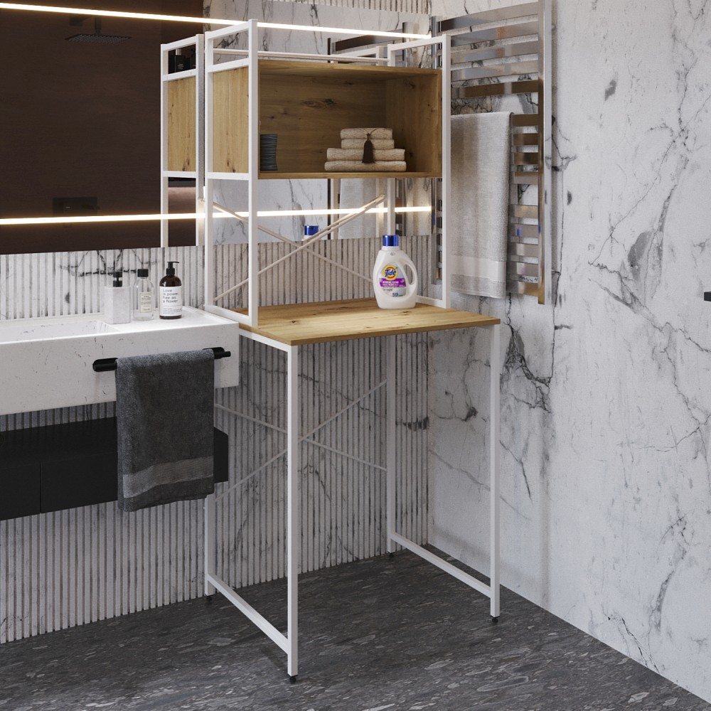 Стелаж-полиця Бафрум 403 Ferrum-decor для пральної машини 178x70,5x60,5 Білий метал ДСП Дуб Артизан 16 мм (FRD-107381)