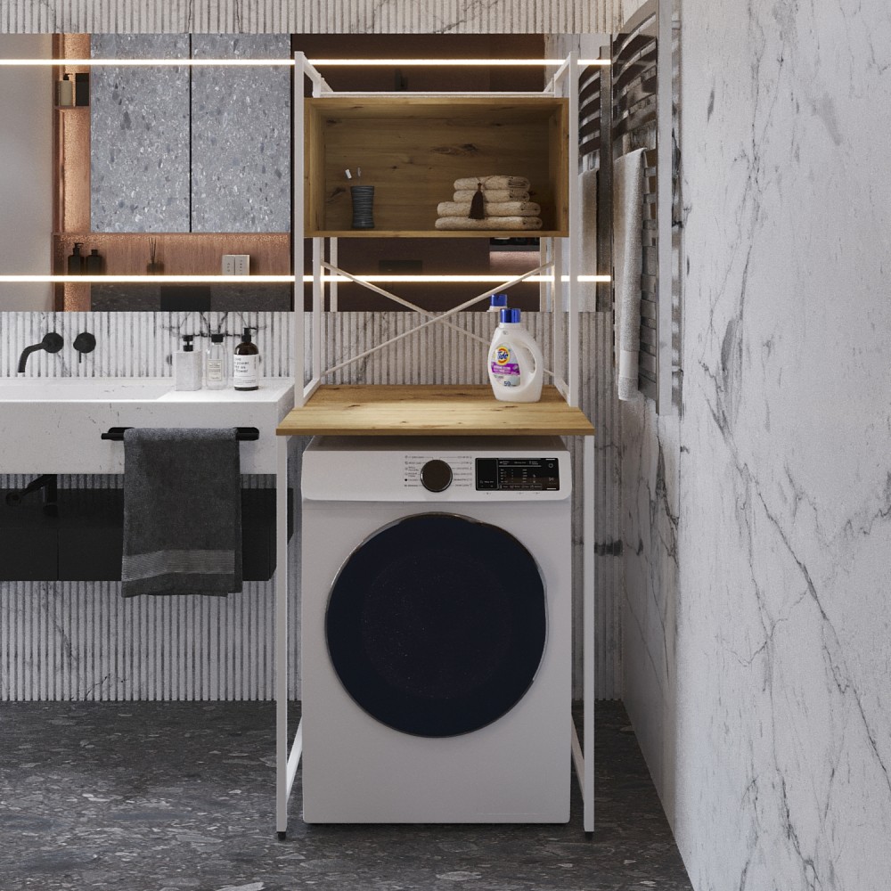 Стелаж-полиця Бафрум 403 Ferrum-decor для пральної машини 178x70,5x60,5 Білий метал ДСП Дуб Артизан 16 мм (FRD-107381)