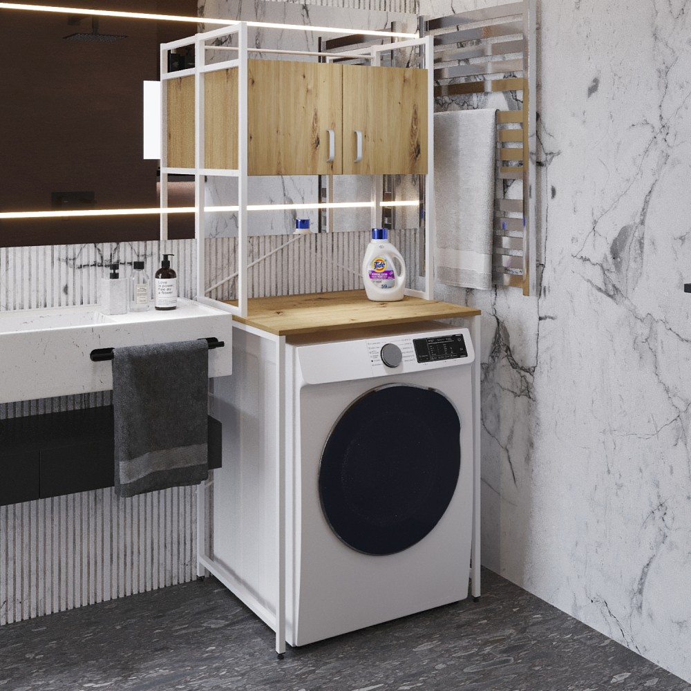 Стелаж-полиця Бафрум 404 Ferrum-decor для пральної машини 178x70,5x60,5 Білий метал ДСП Дуб Артизан 16 мм (FRD-107391)