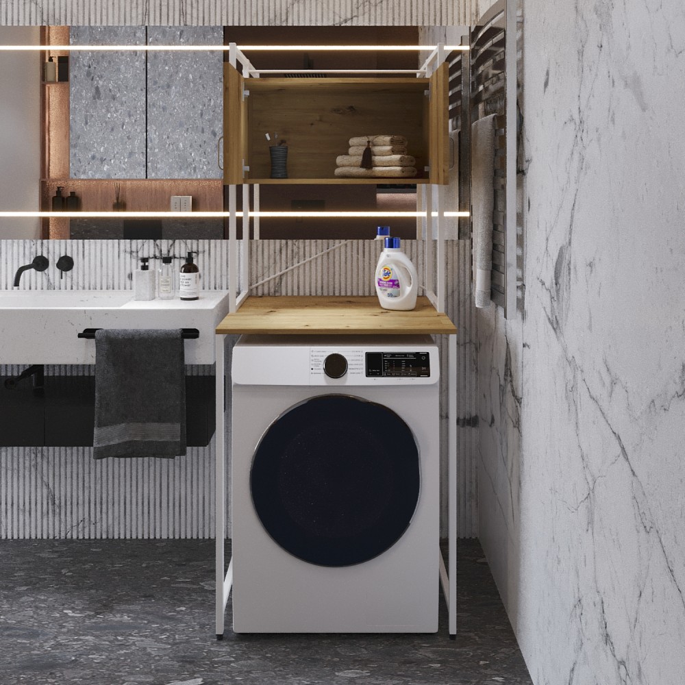 Стелаж-полиця Бафрум 404 Ferrum-decor для пральної машини 178x70,5x60,5 Білий метал ДСП Дуб Артизан 16 мм (FRD-107391)