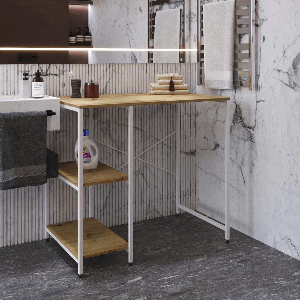 Стелаж-полиця Бафрум 405 Ferrum-decor для пральної машини 90x101x60,5 Білий метал ДСП Дуб Артизан 16 мм (FRD-107401)