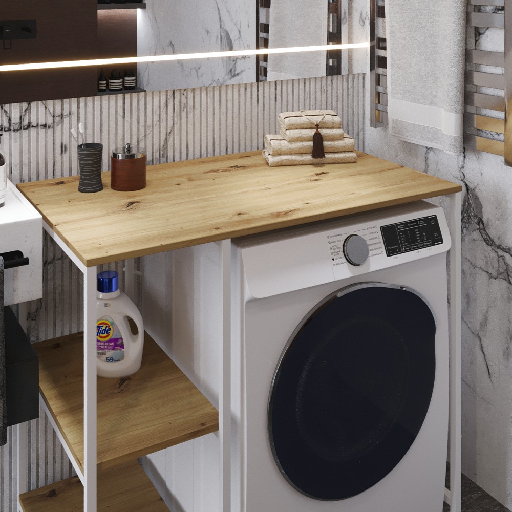 Стелаж-полиця Бафрум 405 Ferrum-decor для пральної машини 90x101x60,5 Білий метал ДСП Дуб Артизан 16 мм (FRD-107401)