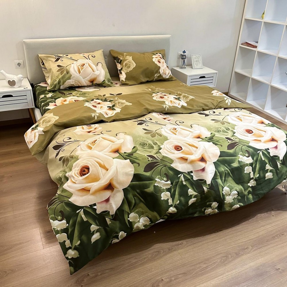 Комплект постельного белья Поликотон LeLIT P-0108 Коричнево-Зеленый Семейный (LLT-111233)