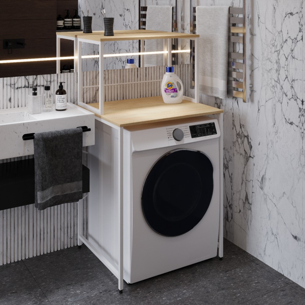 Стеллаж полка Бафрум 402 Ferrum-decor для стиральной машины 133,5x70,5x60,5 Белый металл ДСП Дуб Кремона Торро 16 мм (FRD-107592)