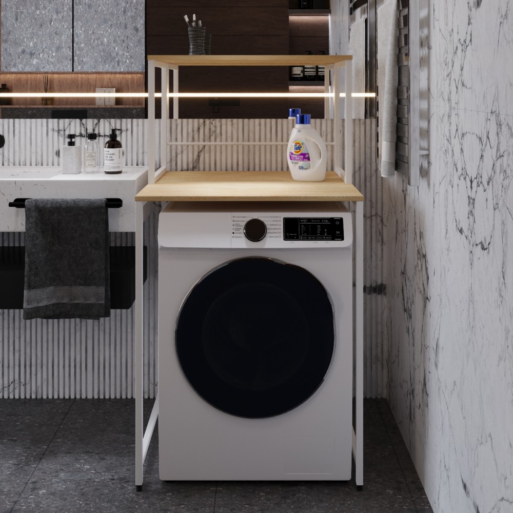 Стеллаж полка Бафрум 402 Ferrum-decor для стиральной машины 133,5x70,5x60,5 Белый металл ДСП Дуб Кремона Торро 16 мм (FRD-107592)