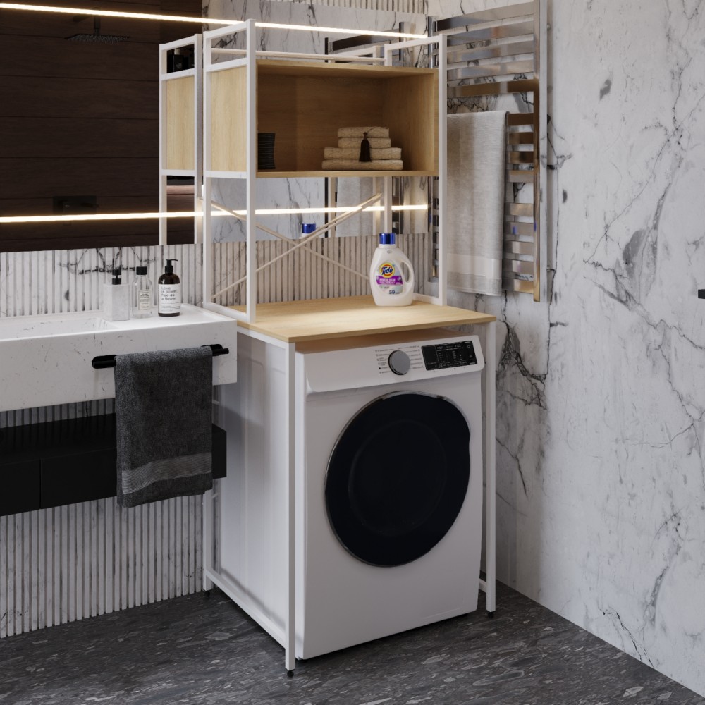 Стеллаж полка Бафрум 403 Ferrum-decor для стиральной машины 178x70,5x60,5 Белый металл ДСП Дуб Кремона Торро 16 мм (FRD-107602)