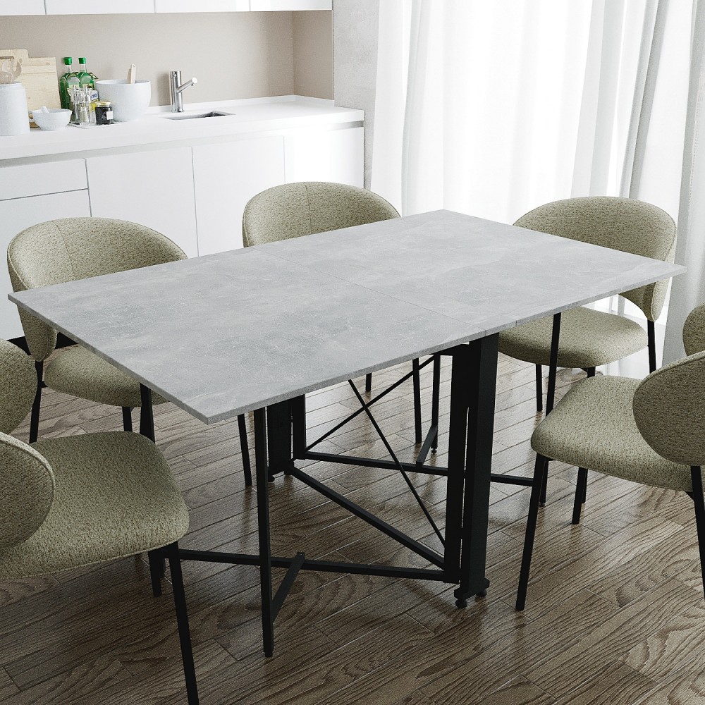 Стол обеденный трансформер книжка Орион Pro Ferrum-decor 75x152x90 Черный металл ДСП Бетон 16 мм (FRD-107402)
