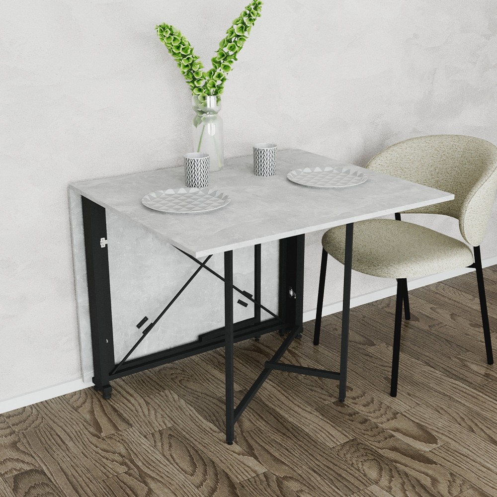 Стол обеденный трансформер книжка Орион Pro Ferrum-decor 75x152x90 Черный металл ДСП Бетон 16 мм (FRD-107402)
