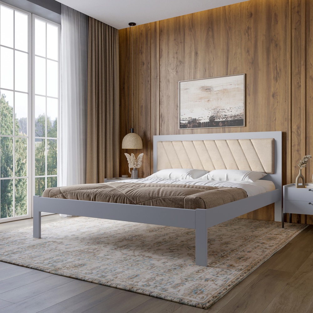 Двоспальне дерев'яне ліжко Mebigrand Пекін П6 Світло-сірий (RAL 7040)/Аляска 23 (Бежевий) 180х200 см (MBG-17637)