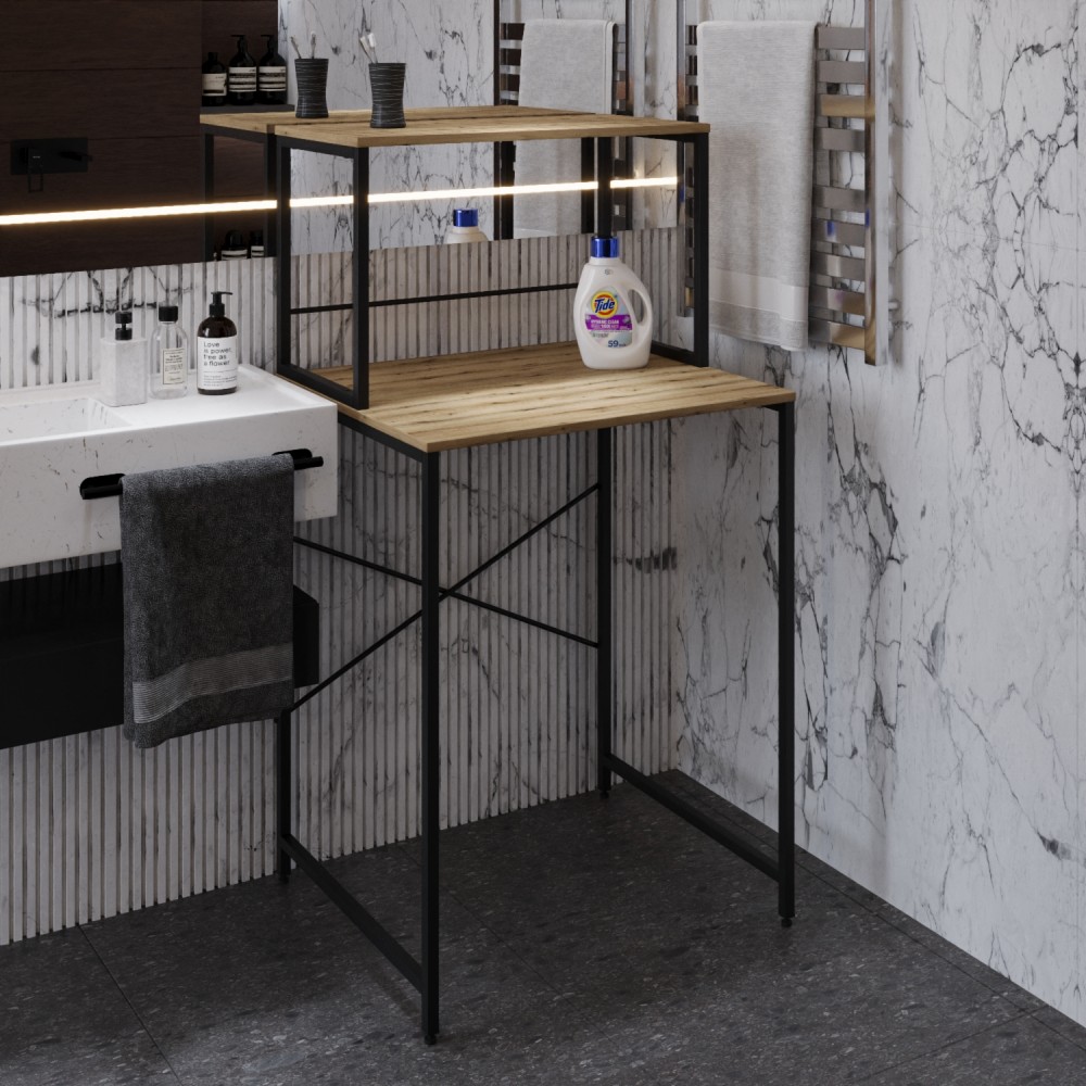Стеллаж полка Бафрум 402 Ferrum-decor для стиральной машины 133,5x70,5x60,5 Черный металл ДСП Дуб Евок Прибрежный 16 мм (FRD-107584)