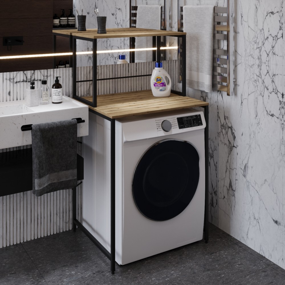 Стеллаж полка Бафрум 402 Ferrum-decor для стиральной машины 133,5x70,5x60,5 Черный металл ДСП Дуб Евок Прибрежный 16 мм (FRD-107584)