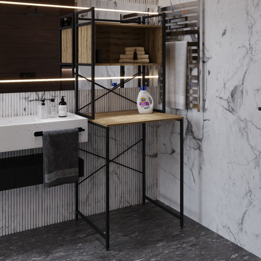 Стелаж-полиця Бафрум 403 Ferrum-decor для пральної машини 178x70,5x60,5 Чорний метал ДСП Дуб Евок Прибережний 16 мм (FRD-107594)