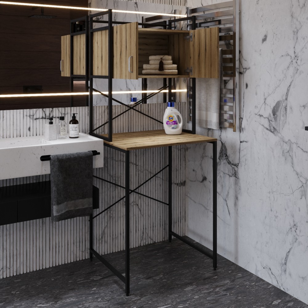 Стеллаж полка Бафрум 404 Ferrum-decor для стиральной машины 178x70,5x60,5 Черный металл ДСП Дуб Евок Прибрежный 16 мм (FRD-107604)