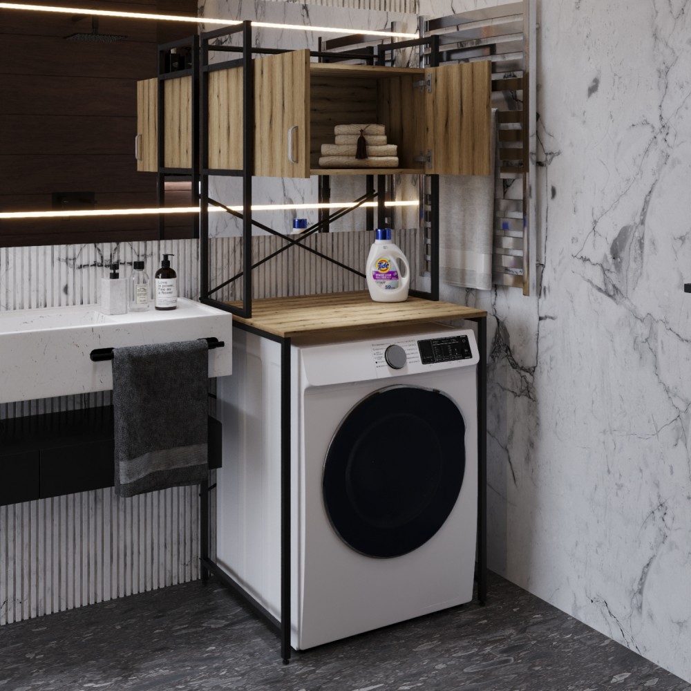 Стеллаж полка Бафрум 404 Ferrum-decor для стиральной машины 178x70,5x60,5 Черный металл ДСП Дуб Евок Прибрежный 16 мм (FRD-107604)