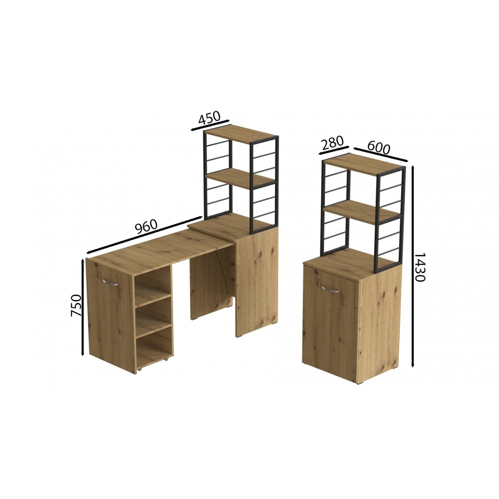 Стол-тумба трансформер Смарт 4/2 с этажеркой Ferrum-decor 1430x1450x600 Черный металл ДСП Дуб Артизан 16 мм (FRD-106924)