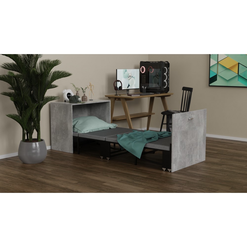 Ліжко трансформер тумба ASCET 2 Ferrum-decor 650x2000x700 Чорний метал ДСП Бетон 16 мм (FRD-107334)