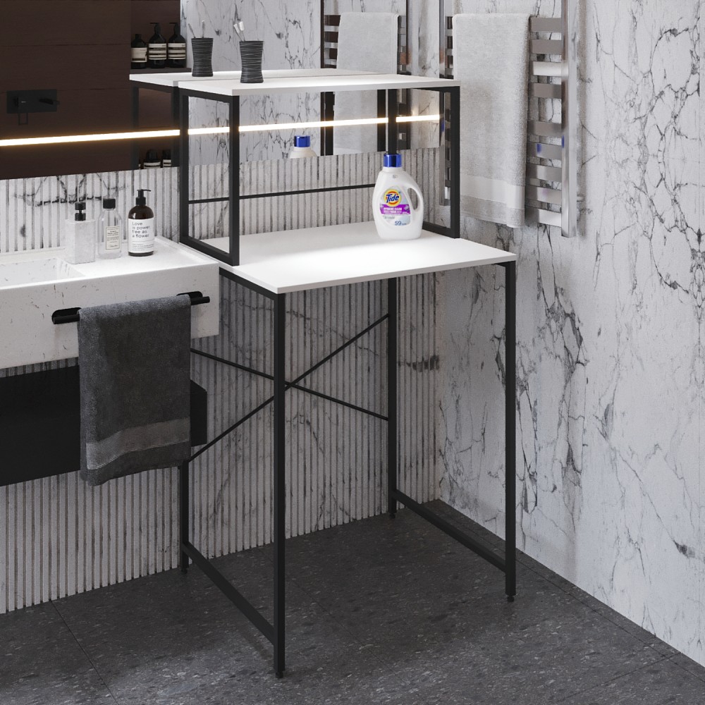 Стеллаж полка Бафрум 402 Ferrum-decor для стиральной машины 133,5x70,5x60,5 Черный металл ДСП Белый 16 мм (FRD-107365)
