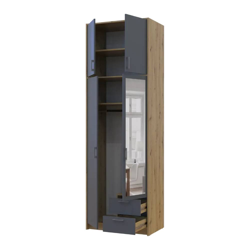 Шкаф для одежды Doros Ронди с высокой антресолью и зеркалом Дуб Артизан/Графит 2 ДСП 82х52х260 (DRS-011871)