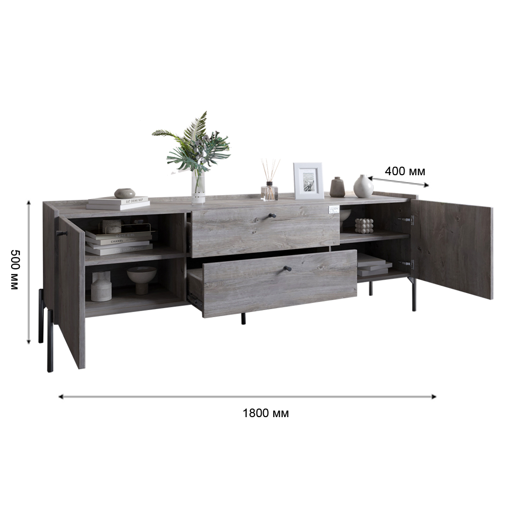 Тумба под телевизор с ящиками LION Wood с черными ножками 160х65х40 см Нимфея Альба (белый) (LION-043132)