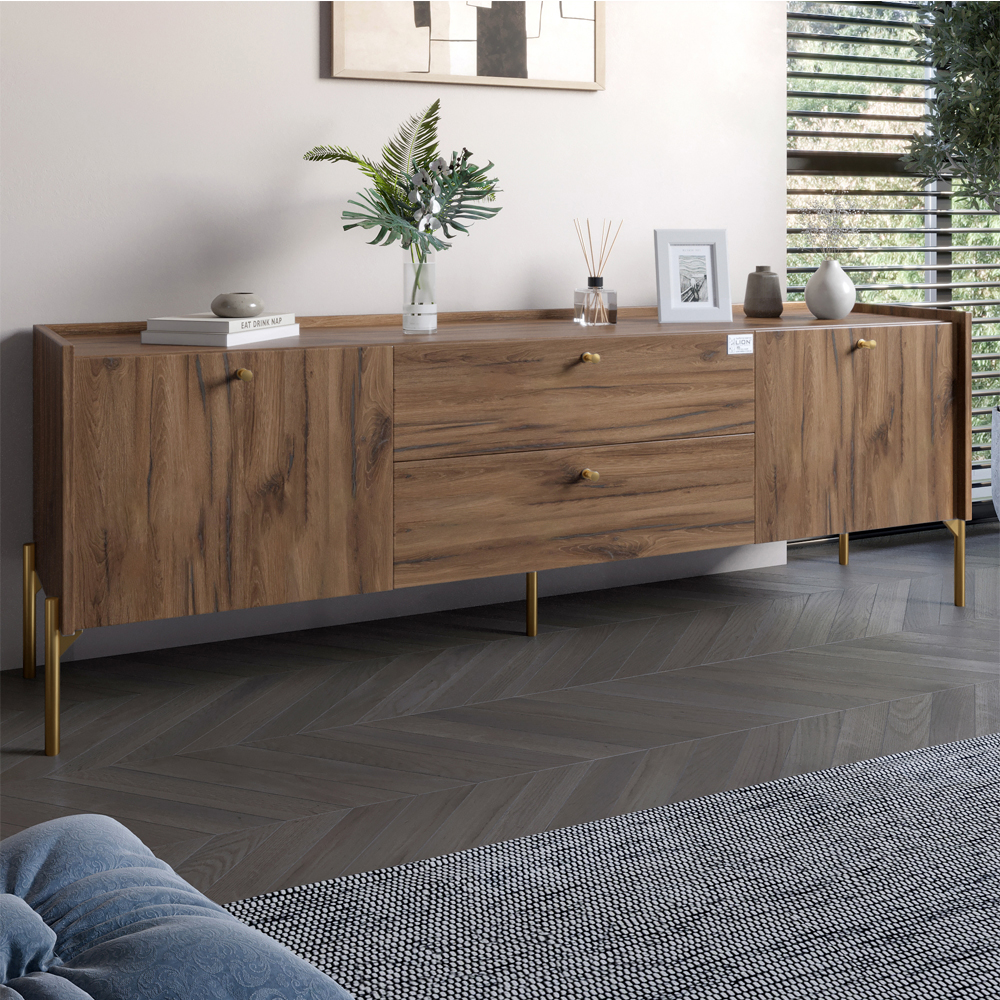 Тумба під телевізор з шухлядами LION Wood з золотими ніжками 160х65х40 см Дуб Ліворно (LION-043114)