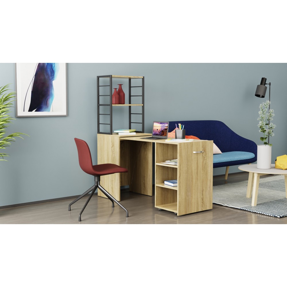Стол-тумба трансформер Смарт 4/2 с этажеркой Ferrum-decor 1430x1450x600 Черный металл ДСП Дуб Сонома 16 мм (FRD-105133)